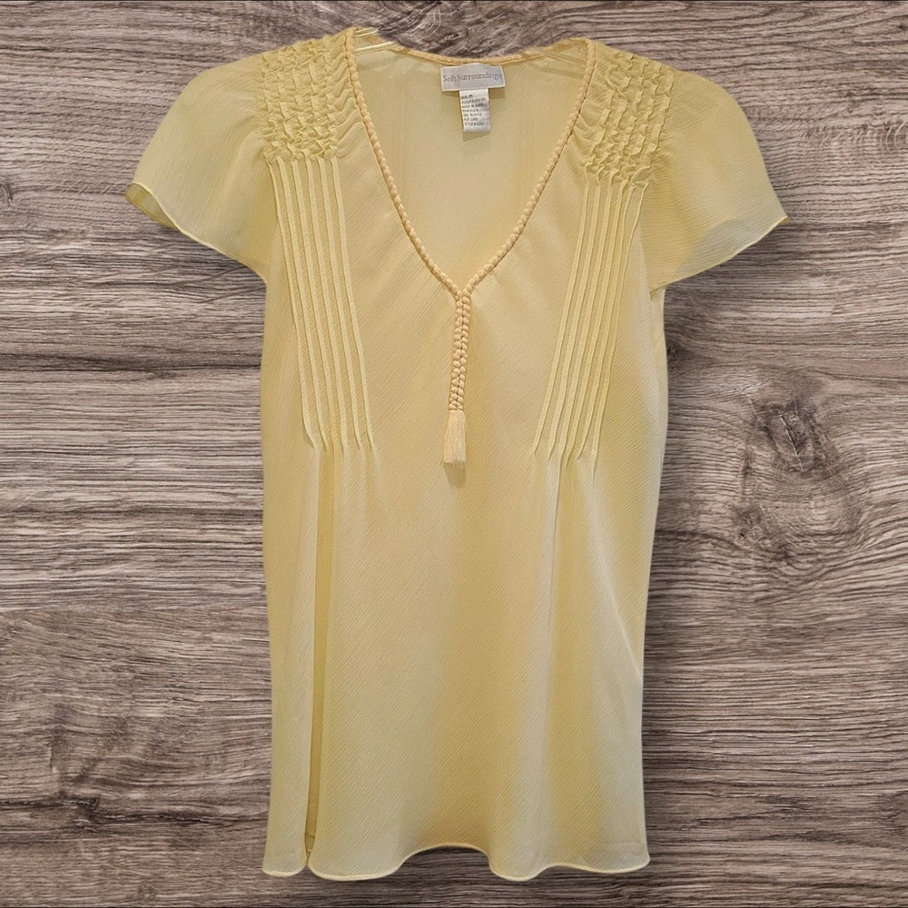 🌼 Soft Surroundings Butter Yellow Chiffon Pintuck Blouse with Tassel Tie | Sz M